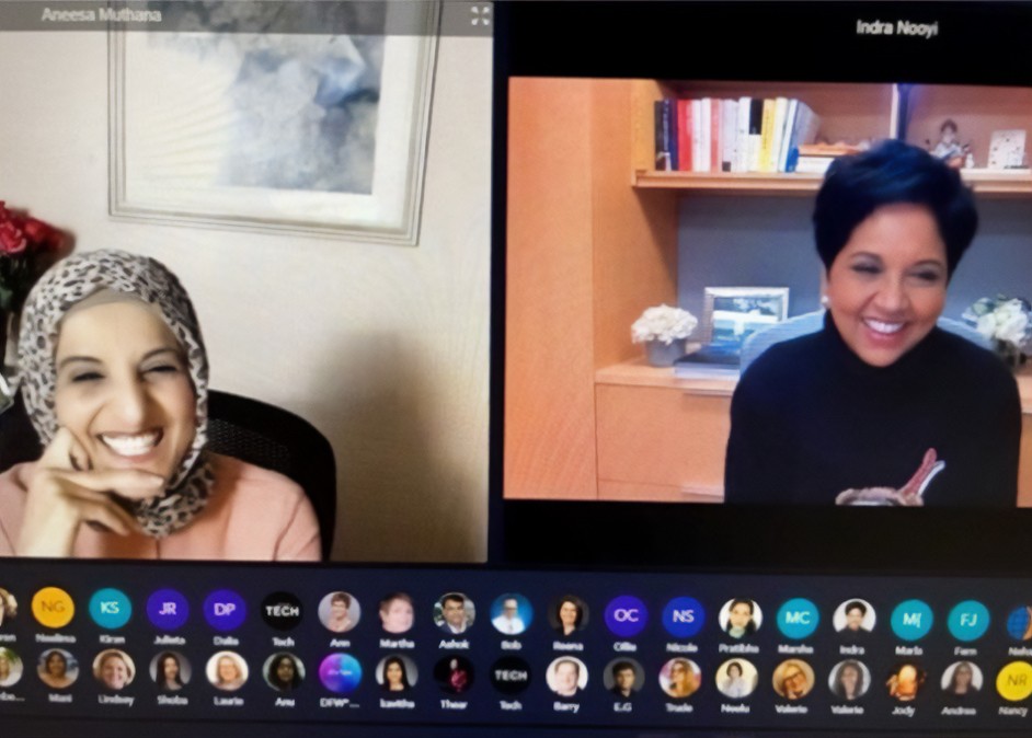 Aneesa moderates a virtual fireside chat with the former Chairperson and CEO of PepsiCo., Indra Nooyi.